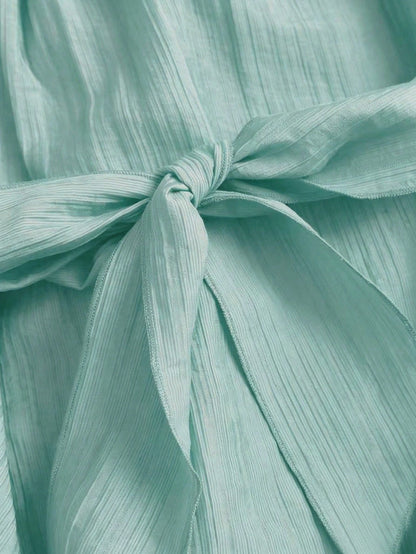 Sweetra Mint Green Women's Summer Boho Elegant Holiday Vacation Holiday French Retro Stripe Textured Ruffle Splice Wooden Button Petal Sleeve Short Shirt