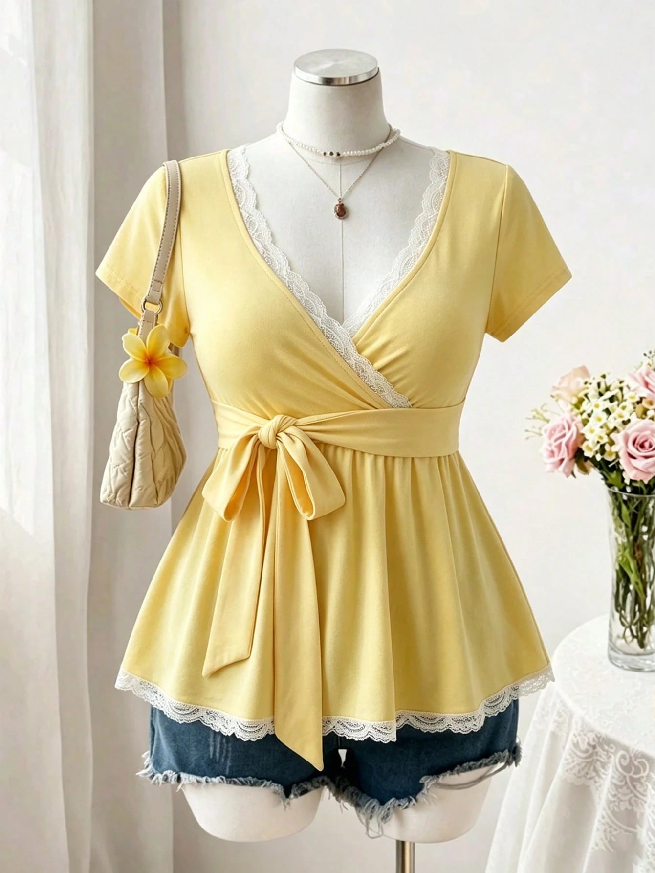 Sweetra Plus Size Women's Overlap V-Neck Lace Patchwork Waist Tie Fashion T-Shirt