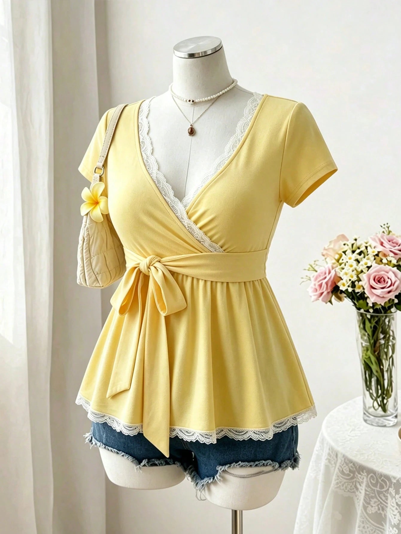 Sweetra Plus Size Women's Overlap V-Neck Lace Patchwork Waist Tie Fashion T-Shirt