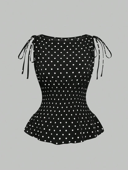 Sweetra Plus Size Women's Vintage Elegant French Cute Black & White Polka Dot 1920s Flapper Bow Strap Waist Cinched Camisole,Summer Everyday Top
