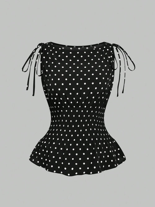 Sweetra Plus Size Women's Vintage Elegant French Cute Black & White Polka Dot 1920s Flapper Bow Strap Waist Cinched Camisole,Summer Everyday Top