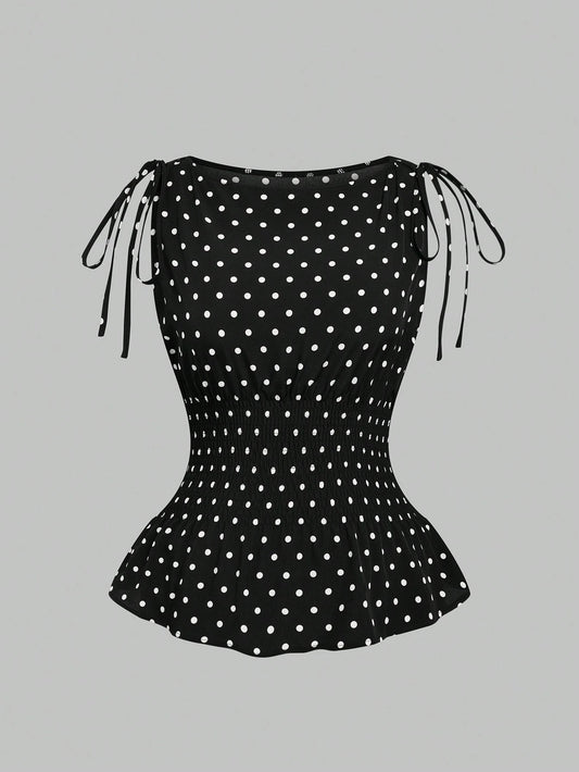 Sweetra Plus Size Women's Vintage Elegant French Cute Black & White Polka Dot 1920s Flapper Bow Strap Waist Cinched Camisole,Summer Everyday Top