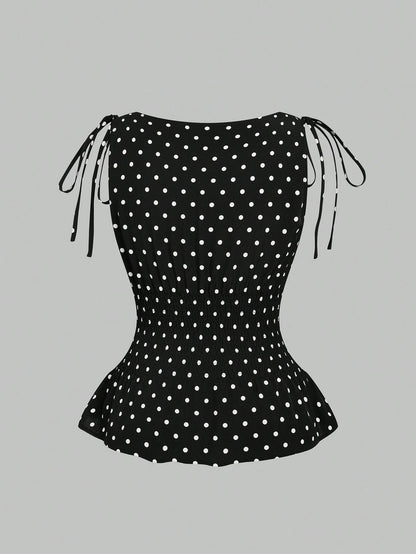 Sweetra Plus Size Women's Vintage Elegant French Cute Black & White Polka Dot 1920s Flapper Bow Strap Waist Cinched Camisole,Summer Everyday Top