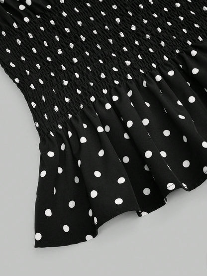 Sweetra Plus Size Women's Vintage Elegant French Cute Black & White Polka Dot 1920s Flapper Bow Strap Waist Cinched Camisole,Summer Everyday Top