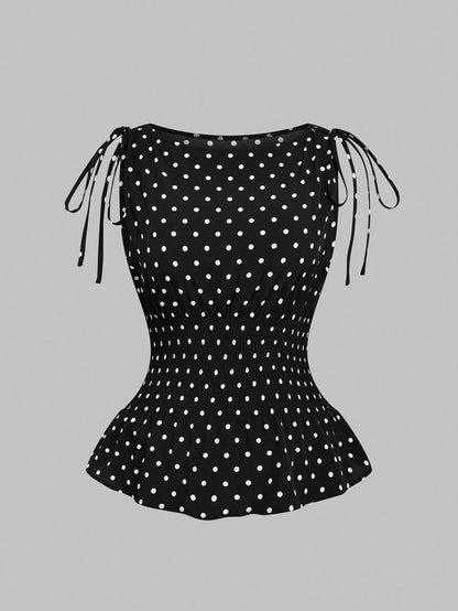 Sweetra Plus Size Women's Vintage Elegant French Cute Black & White Polka Dot 1920s Flapper Bow Strap Waist Cinched Camisole,Summer Everyday Top