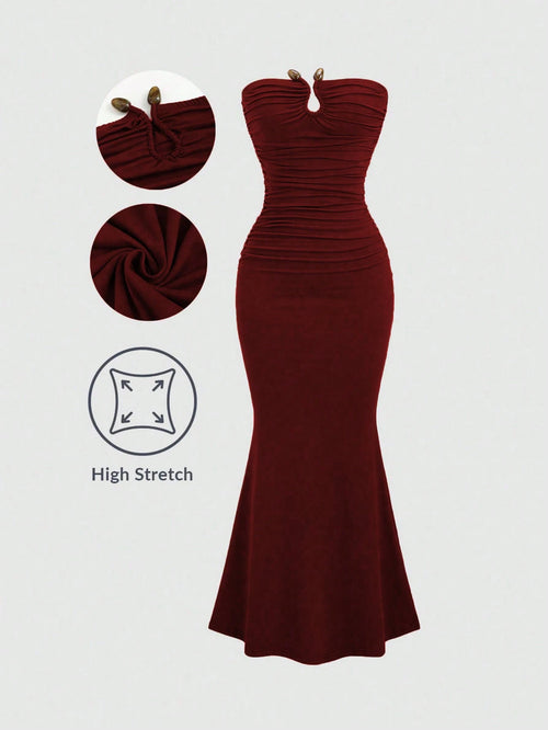 Sweetra Solid Color Pleated Circular Decor Strapless Sleeveless Burgundy Dress Maxi Women Outfit