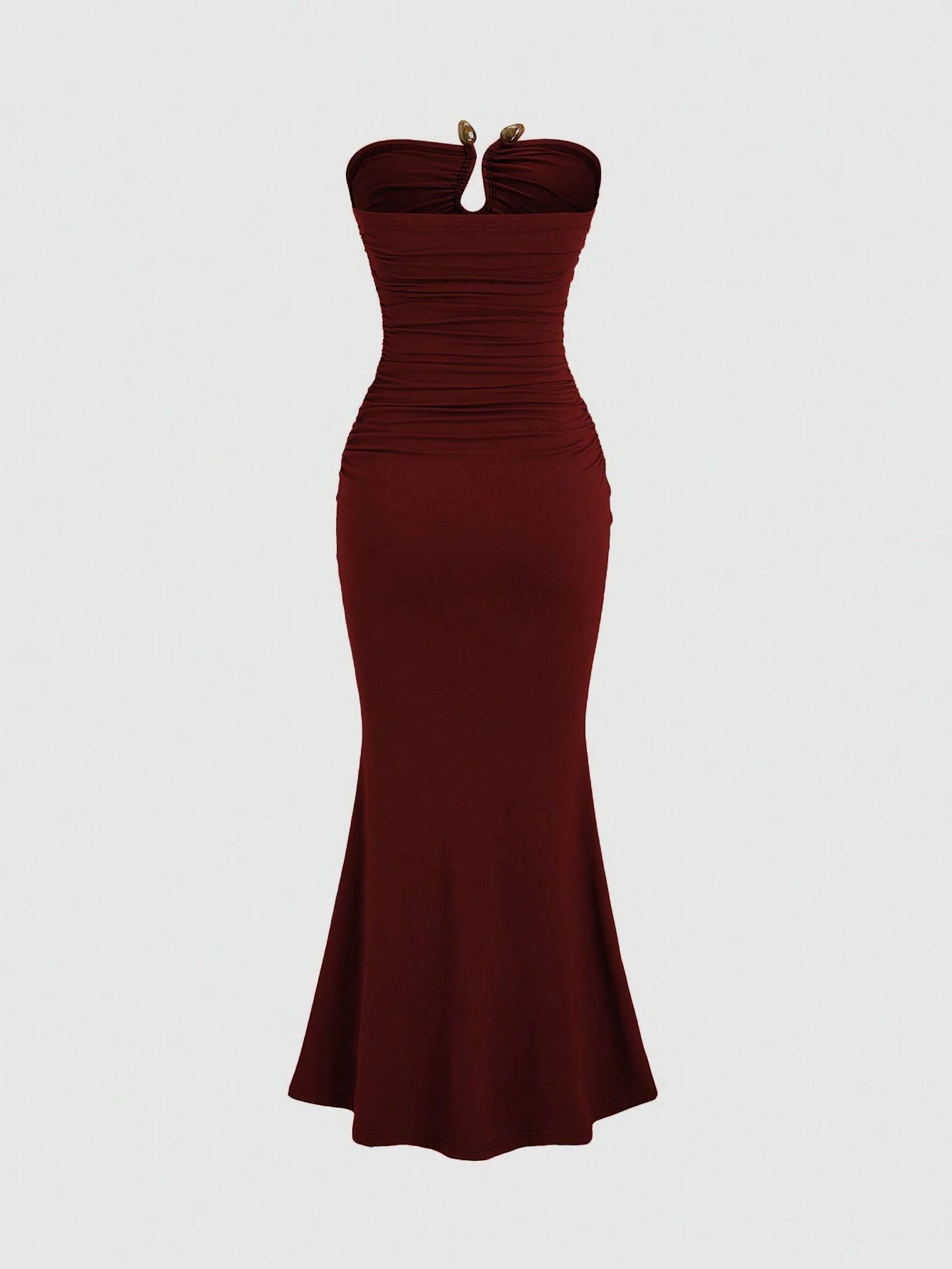 Sweetra Solid Color Pleated Circular Decor Strapless Sleeveless Burgundy Dress Maxi Women Outfit