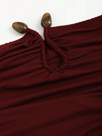Sweetra Solid Color Pleated Circular Decor Strapless Sleeveless Burgundy Dress Maxi Women Outfit
