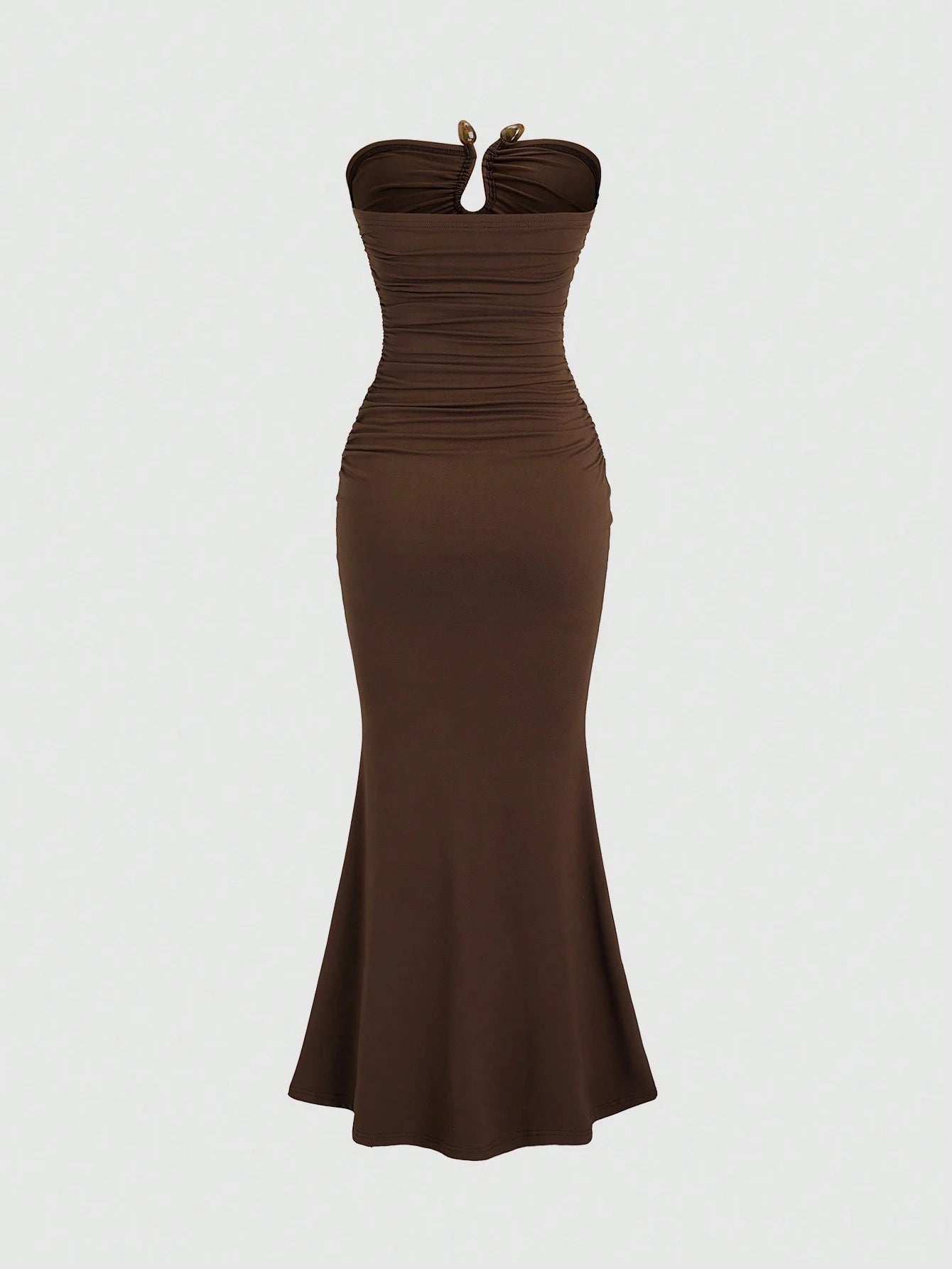 Sweetra Solid Color Pleated Circular Decor Strapless Sleeveless Burgundy Dress Maxi Women Outfit