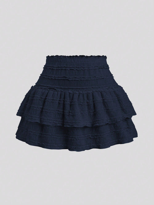 Sweetra Solid Color Ruffle Trim Double Layered Hem Skirt, Casual & Resort Y2K Mini Short Skirt
