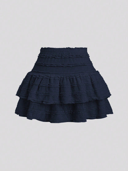 Sweetra Solid Color Ruffle Trim Double Layered Hem Skirt, Casual & Resort Y2K Mini Short Skirt