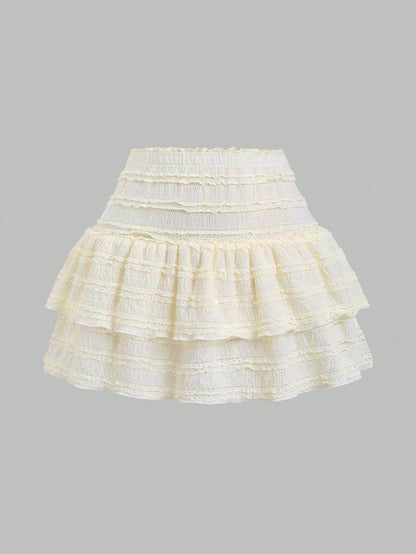 Sweetra Solid Color Ruffle Trim Double Layered Hem Skirt, Casual & Resort Y2K Mini Short Skirt