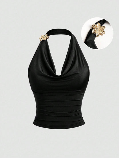 Sweetra Vintage Inspired Ruffle Collar Sleeveless Top, Ruched Waist Design, Fashionable Summer Top For Women