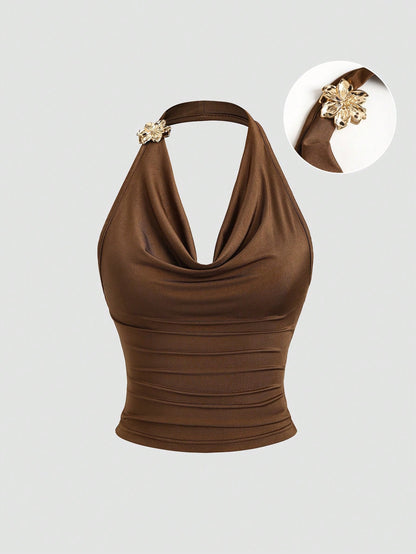 Sweetra Vintage Inspired Ruffle Collar Sleeveless Top, Ruched Waist Design, Fashionable Summer Top For Women