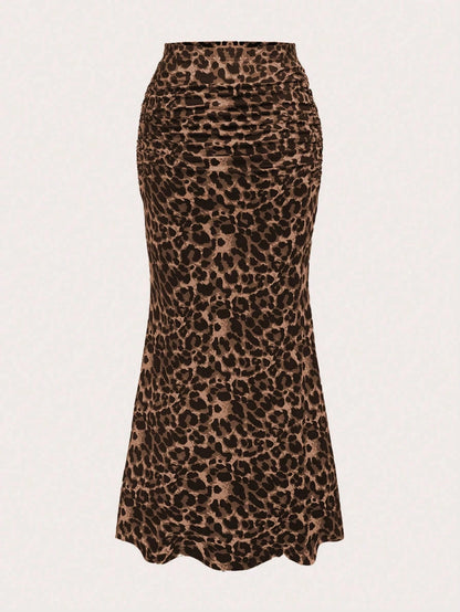 Sweetra Women Leopard Print Pleated Elegant Mermaid Hem Skirt