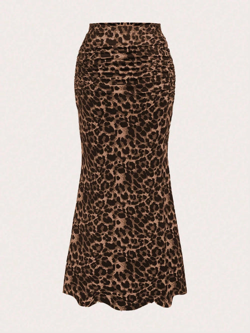 Sweetra Women Leopard Print Pleated Elegant Mermaid Hem Skirt