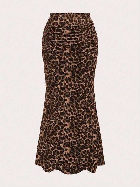 Sweetra Women Leopard Print Pleated Elegant Mermaid Hem Skirt