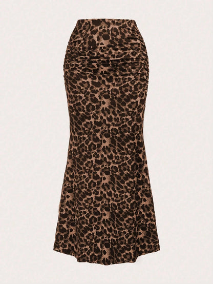 Sweetra Women Leopard Print Pleated Elegant Mermaid Hem Skirt