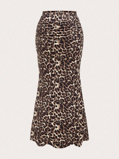 Sweetra Women Leopard Print Pleated Elegant Mermaid Hem Skirt