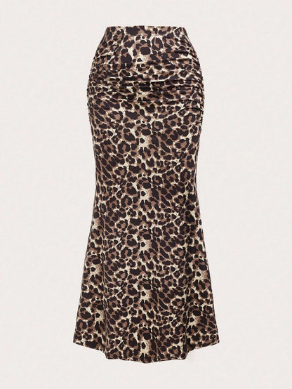 Sweetra Women Leopard Print Pleated Elegant Mermaid Hem Skirt