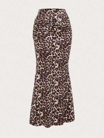 Sweetra Women Leopard Print Pleated Elegant Mermaid Hem Skirt