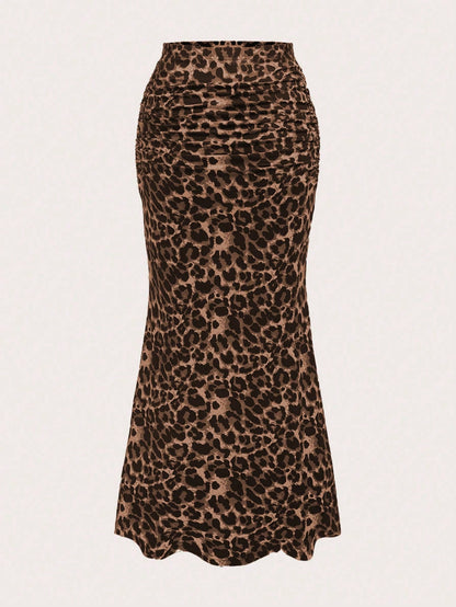 Sweetra Women Leopard Print Pleated Elegant Mermaid Hem Skirt