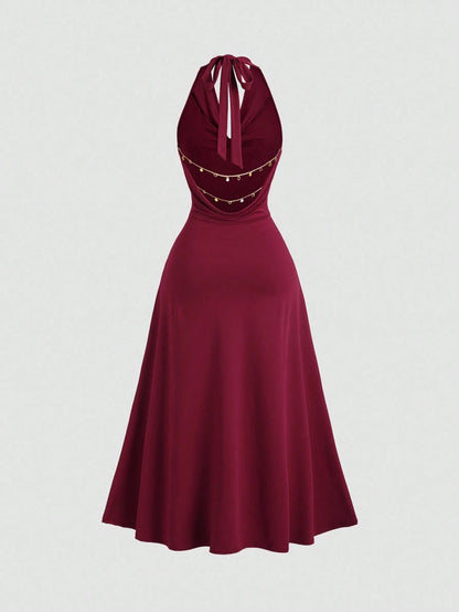 Sweetra Women's Backless Draped Neck Chain Detail Long Dress, Sexy Sleeveless For Daily Commute, Party, Holiday Outfit
