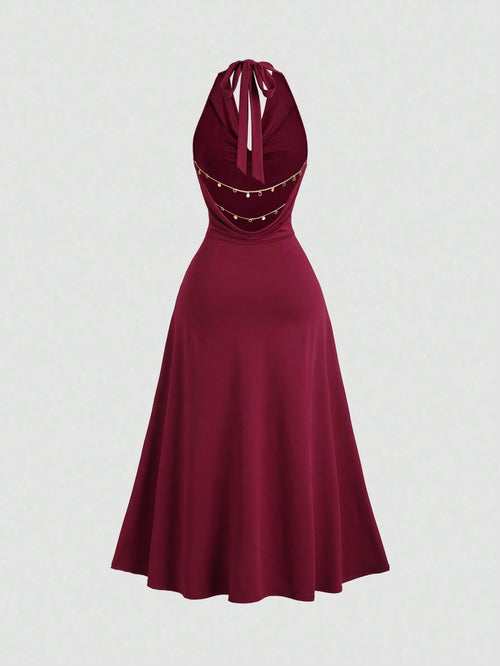 Sweetra Women's Backless Draped Neck Chain Detail Long Dress, Sexy Sleeveless For Daily Commute, Party, Holiday Outfit