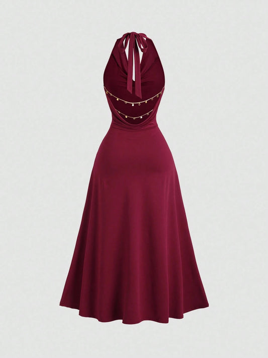 Sweetra Women's Backless Draped Neck Chain Detail Long Dress, Sexy Sleeveless For Daily Commute, Party, Holiday Outfit