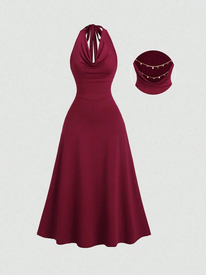 Sweetra Women's Backless Draped Neck Chain Detail Long Dress, Sexy Sleeveless For Daily Commute, Party, Holiday Outfit