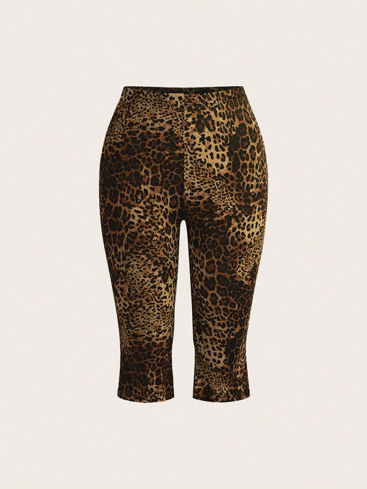 Sweetra Women's Brown Leopard Print Cropped Skinny Leggings,Seductive Summer Casual Comfortable Breathable Gym Animal Pattern Short Pants,Cycling Tights