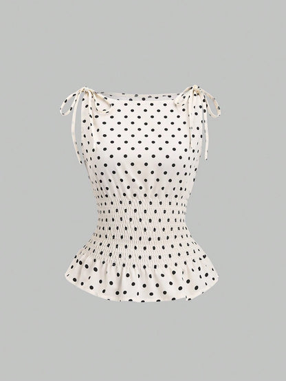 Sweetra Women's Elegant Dotted Bow Tied Shoulder Waist Drawstring Slim Fit Casual Daily Commute Versatile Tank Top, Spring/Summer Polka Dot Polka Dots