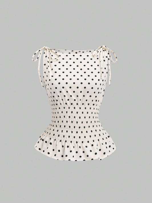 Sweetra Women's Elegant Dotted Bow Tied Shoulder Waist Drawstring Slim Fit Casual Daily Commute Versatile Tank Top, Spring/Summer Polka Dot Polka Dots