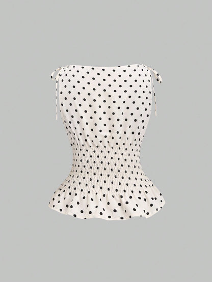 Sweetra Women's Elegant Dotted Bow Tied Shoulder Waist Drawstring Slim Fit Casual Daily Commute Versatile Tank Top, Spring/Summer Polka Dot Polka Dots