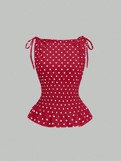 Sweetra Women's Elegant Dotted Bow Tied Shoulder Waist Drawstring Slim Fit Casual Daily Commute Versatile Tank Top, Spring/Summer Polka Dot Polka Dots