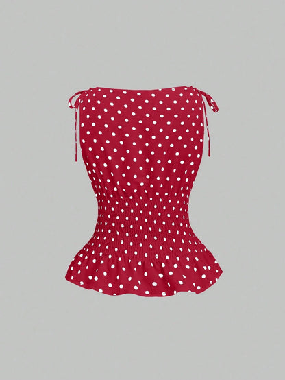 Sweetra Women's Elegant Dotted Bow Tied Shoulder Waist Drawstring Slim Fit Casual Daily Commute Versatile Tank Top, Spring/Summer Polka Dot Polka Dots