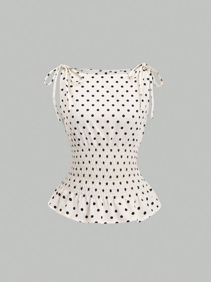 Sweetra Women's Elegant Dotted Bow Tied Shoulder Waist Drawstring Slim Fit Casual Daily Commute Versatile Tank Top, Spring/Summer Polka Dot Polka Dots