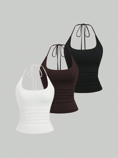 Sweetra Women's European And American Fashion Casual New Summer Slimming Fit Halter Neck Elegant Backless Commute Casual Fitness Versatile 3-Piece Set Top