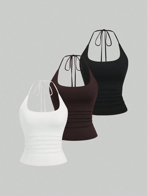 Sweetra Women's European And American Fashion Casual New Summer Slimming Fit Halter Neck Elegant Backless Commute Casual Fitness Versatile 3-Piece Set Top