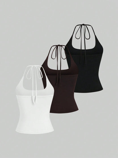 Sweetra Women's European And American Fashion Casual New Summer Slimming Fit Halter Neck Elegant Backless Commute Casual Fitness Versatile 3-Piece Set Top