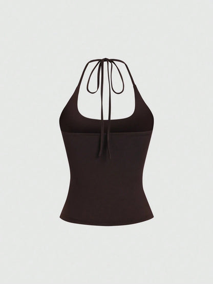 Sweetra Women's European And American Fashion Casual New Summer Slimming Fit Halter Neck Elegant Backless Commute Casual Fitness Versatile 3-Piece Set Top