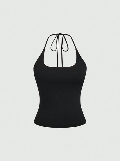 Sweetra Women's European And American Fashion Casual New Summer Slimming Fit Halter Neck Elegant Backless Commute Casual Fitness Versatile 3-Piece Set Top