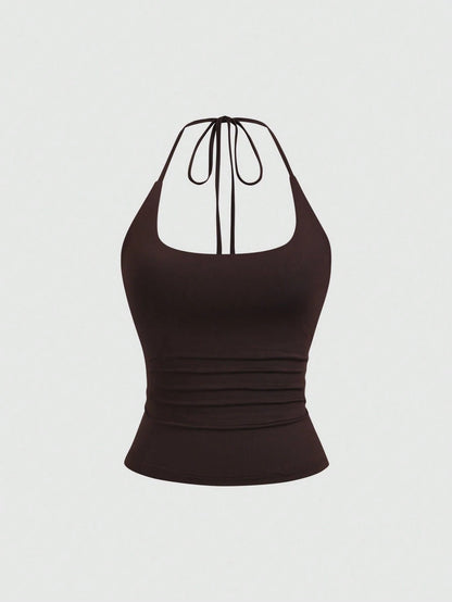 Sweetra Women's European And American Fashion Casual New Summer Slimming Fit Halter Neck Elegant Backless Commute Casual Fitness Versatile 3-Piece Set Top