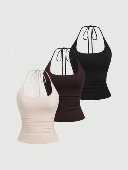 Sweetra Women's European And American Fashion Casual New Summer Slimming Fit Halter Neck Elegant Backless Commute Casual Fitness Versatile 3-Piece Set Top
