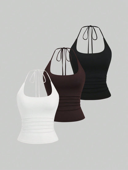 Sweetra Women's European And American Fashion Casual New Summer Slimming Fit Halter Neck Elegant Backless Commute Casual Fitness Versatile 3-Piece Set Top