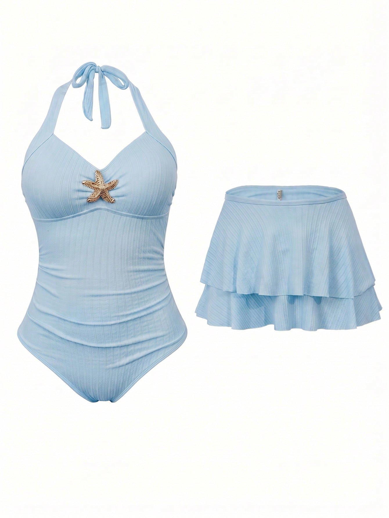 Sweetra Women's Plus Size Summer Vacation Special Fabric Metal Starfish Decor Halter One-Piece Swimsuit With Cover-Up Skirt