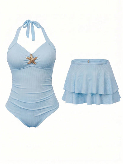 Sweetra Women's Plus Size Summer Vacation Special Fabric Metal Starfish Decor Halter One-Piece Swimsuit With Cover-Up Skirt