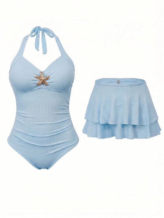 Sweetra Women's Plus Size Summer Vacation Special Fabric Metal Starfish Decor Halter One-Piece Swimsuit With Cover-Up Skirt