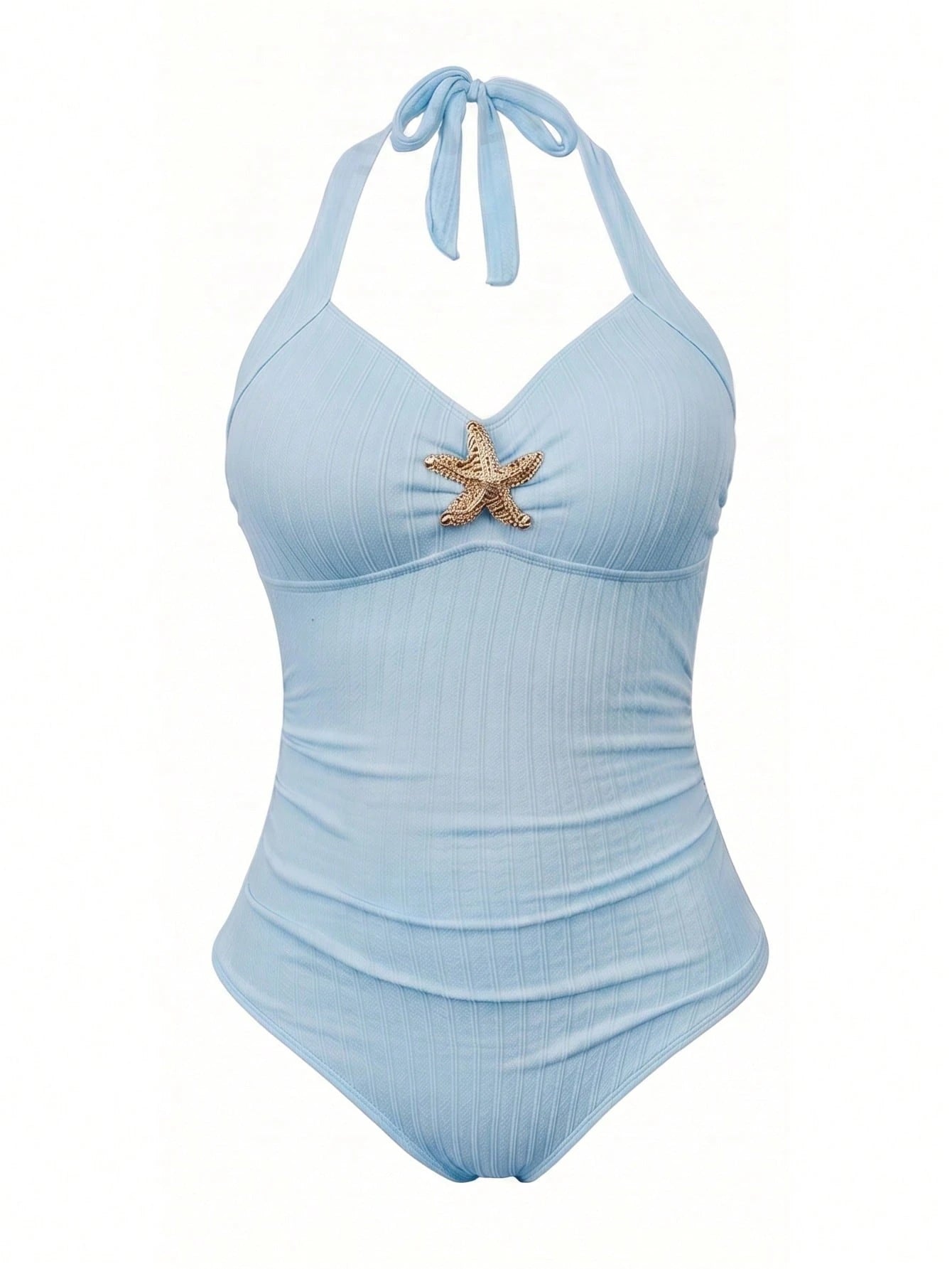 Sweetra Women's Plus Size Summer Vacation Special Fabric Metal Starfish Decor Halter One-Piece Swimsuit With Cover-Up Skirt