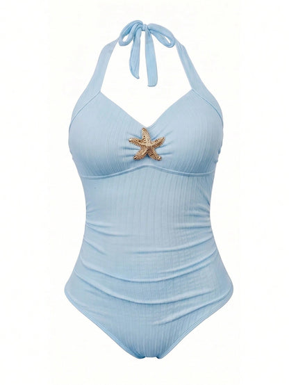 Sweetra Women's Plus Size Summer Vacation Special Fabric Metal Starfish Decor Halter One-Piece Swimsuit With Cover-Up Skirt